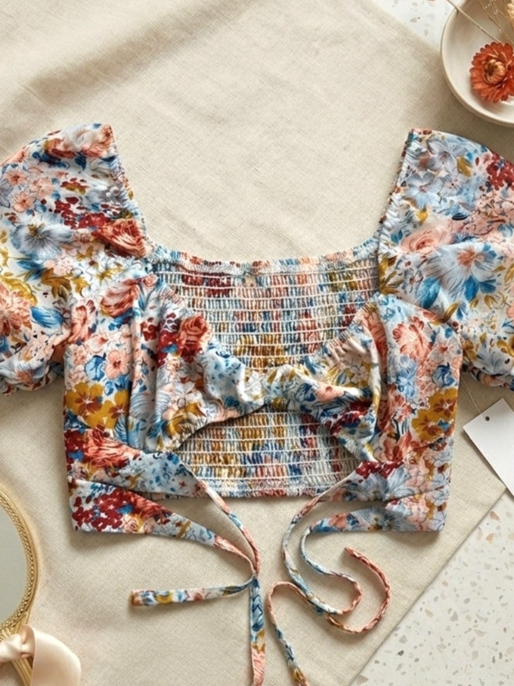 Vibrant Floral Smocked Back Crop Top: Adjustable Front Tie Bows Detail Puff Slee - Picture 2 of 3